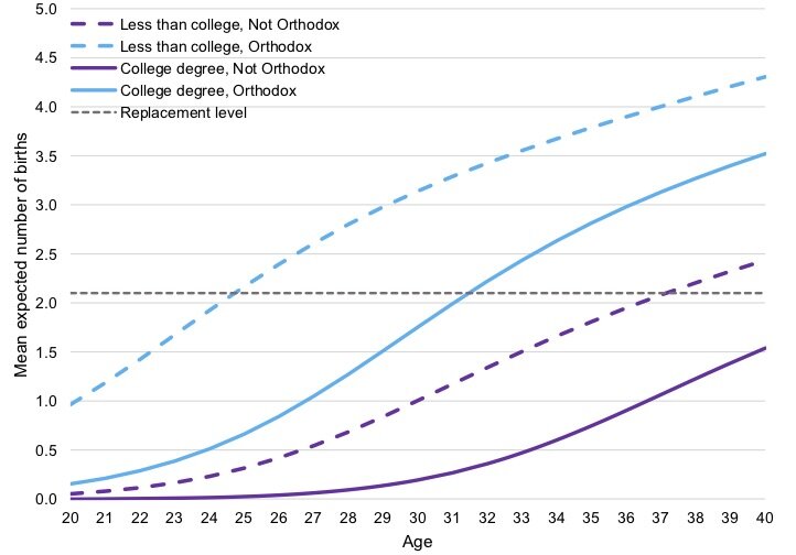 Mean expected number of births by age, education and Orthodoxy. From Michelle Shain, Understanding the Demographic Challenge: Education, Orthodoxy and the Fertility of American Jews. Contemporary Jewry 2019. 39: 273.